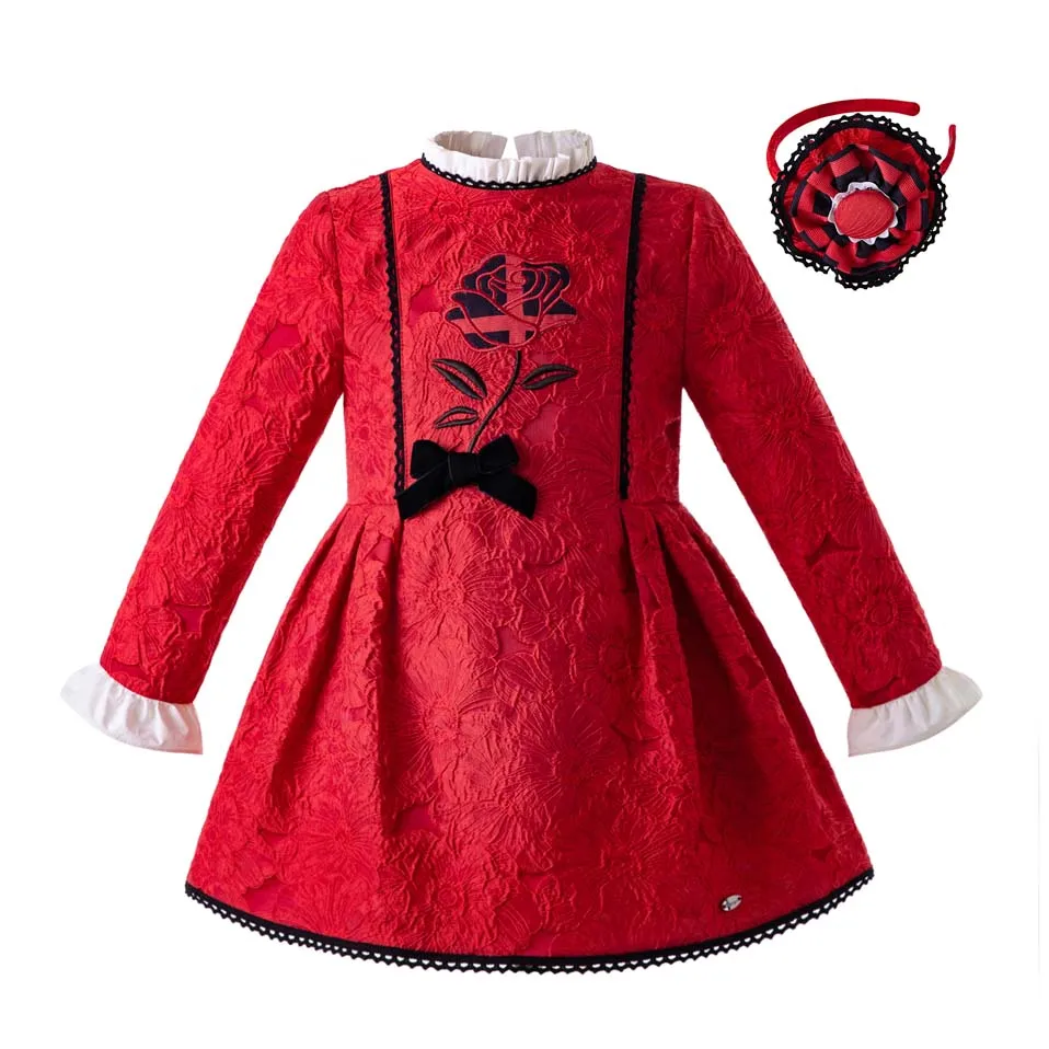 Pettigirl 2019 Retro Style Red Girl Floral Long Sleeve Pleated Collar Exquisite Rose Printed With Headband G-DMGD107-B389 | Детская