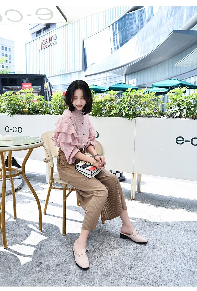 Summer Fashion Genuine Leather Mules Block Heels Shoes Woman Slipper Modis Black Casual Shoes Women Ladies Sliders Female