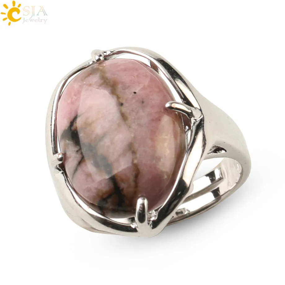Line Rhodolite CSJA, новинка, женские кольца на палец, Овальный натуральный камень, кабошон, тигровый глаз, опал, унакит, розовый кварц, лазурит, чакра, обручальное кольцо, E583 - Цвет основного камня: Line Rhodolite