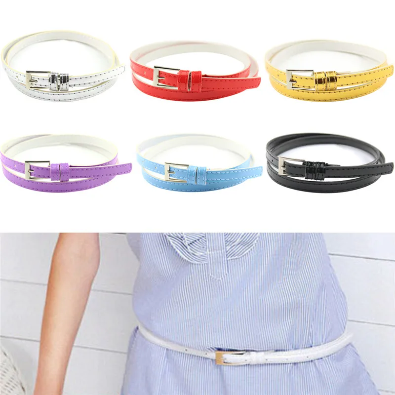 

Women Laies Fashion Narrow Skinny Thin Patent Leather Bow Buckle Waist Belt