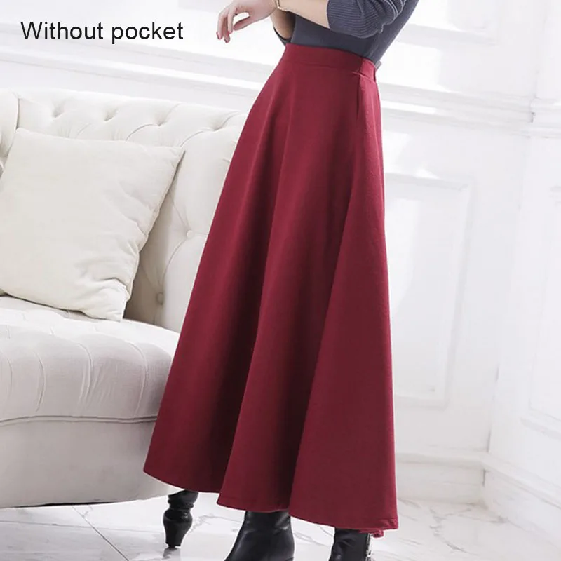 Женская шерстяная утолщенная длинная юбка с карманом Повседневная Высокая талия