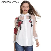 rose flower embroidery casual white shirt organza long sleeve sexy perspective women tops chiffon