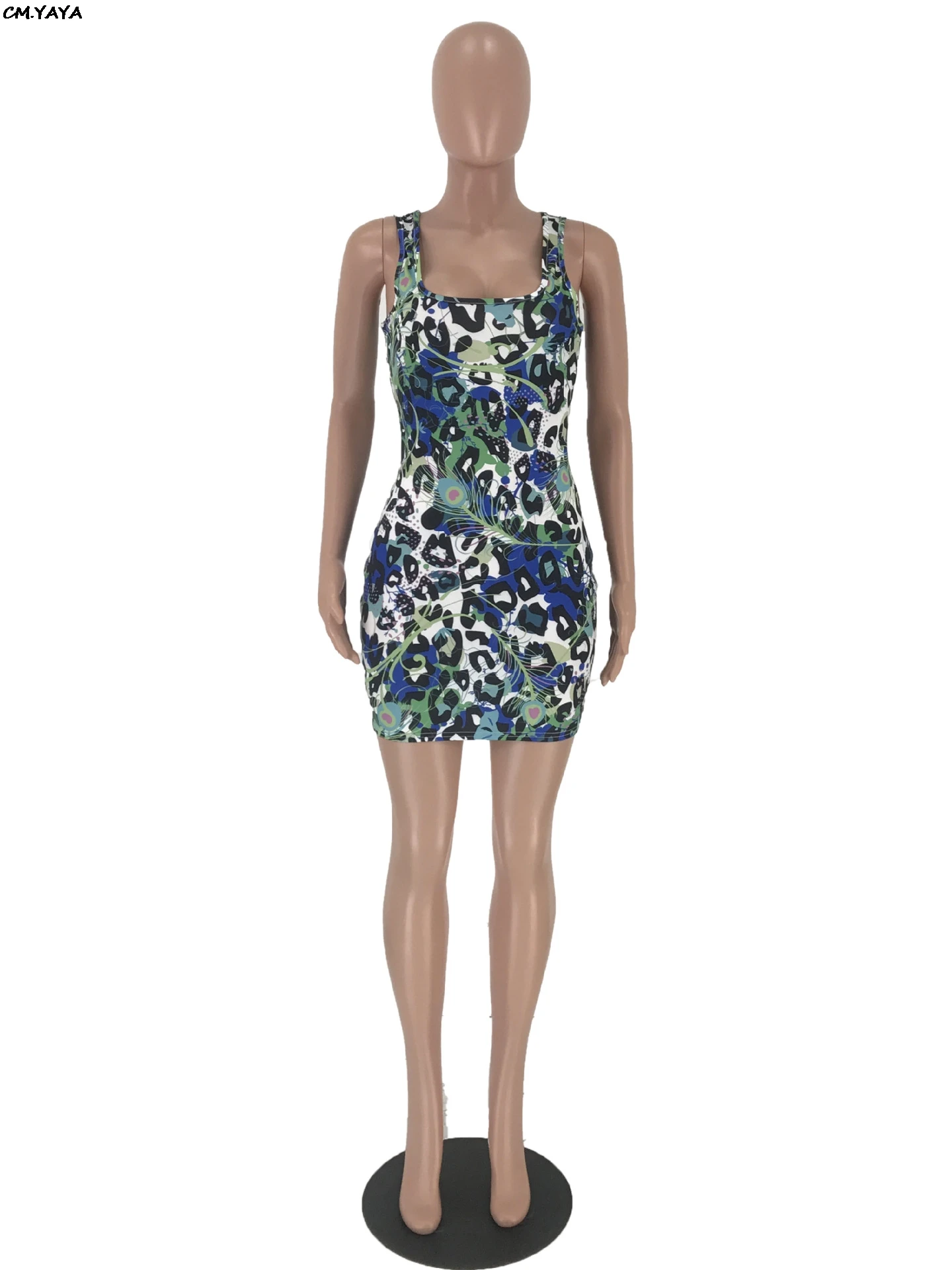 Женское облегающее мини-платье без рукавов с круглым вырезом и леопардовым