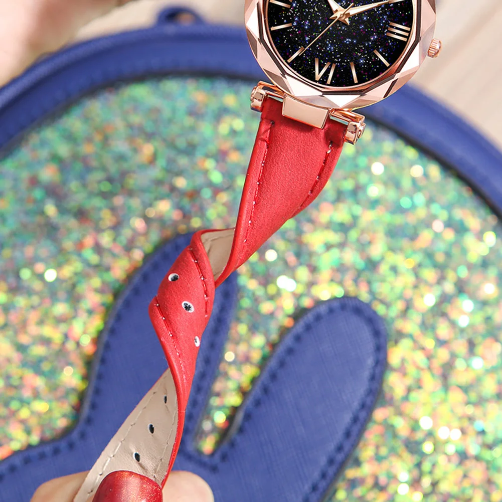 

Wonderful Starry Sky Round Dial Roman Number Faux Leather Band Women Quartz Wrist Watch