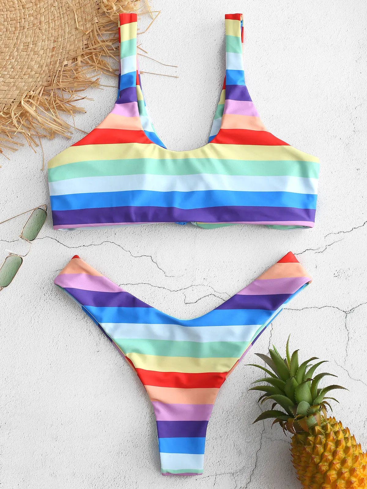 Женский купальник-бикини ZAFUL бандо с принтом растений и завязками спереди