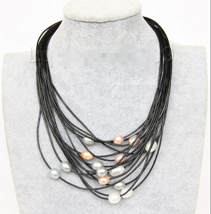 FREE shipping&gt&gt&gt &gt&gt&gt17&quot-24&quot 13mm 15row white gray pink purple pearls Black leather necklace e2360 new | Украшения и