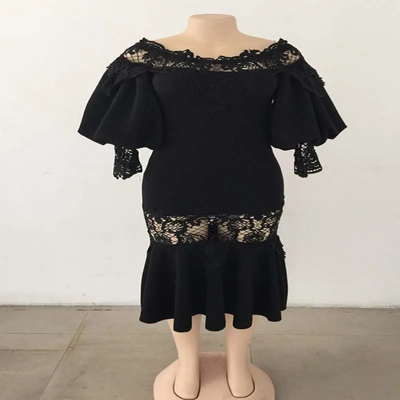 

Africa Clothing High Quality Women Elegant Sexy Hollow Lace Maxi Dress Female Autumn 3/4 Sleeve Off Shoulder Latern Sleeve Party