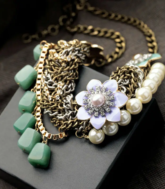 Bulk Price 2014 New Design Exaggerated Women Resin Glass Stone Flower Shiny Gold Color Simulated Pearl Choker Necklace | Украшения и
