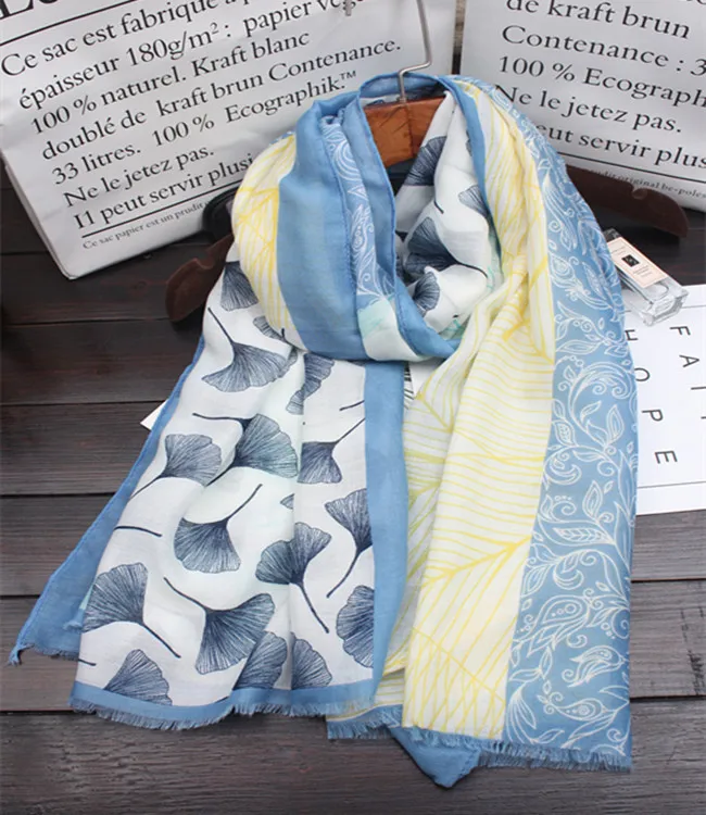 2018 Новейший женский шарф-шаль с принтом листьев гинкго и бахромой, хлопковый, листья хиджаб мафлер, оптовая продажа 10 шт./лот, бесплатная доставка.