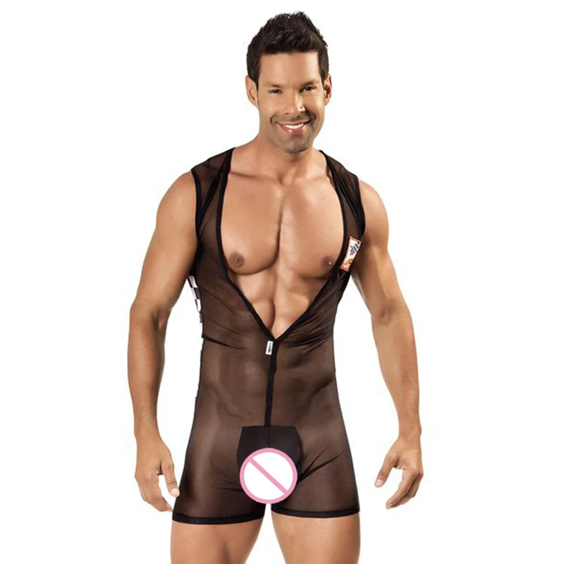 Новинка сексуальное Мужское боди прозрачный сетчатый комбинезон черное с