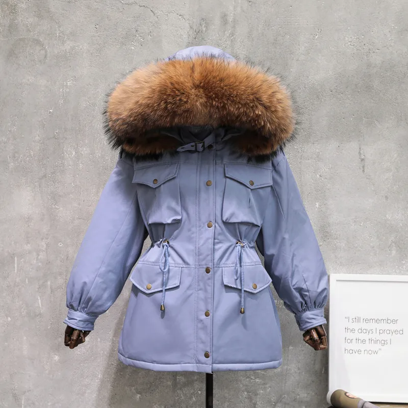 blue-brown fur GBYXTY, толстая пуховая куртка, парка,, зимняя женская куртка с мехом енота, пуховик с утиным пухом, с капюшоном, пальто, ZA1599 - Цвет: blue-brown fur
