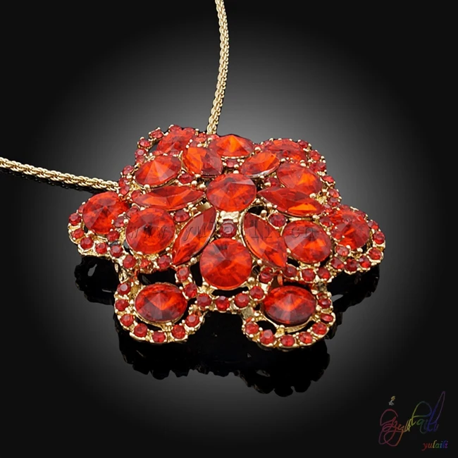 Yulaili Pendant Brooch Necklace Earrings Rhinestone Fashion France Flower Gold Color Plating Two Jewelry Set | Украшения и
