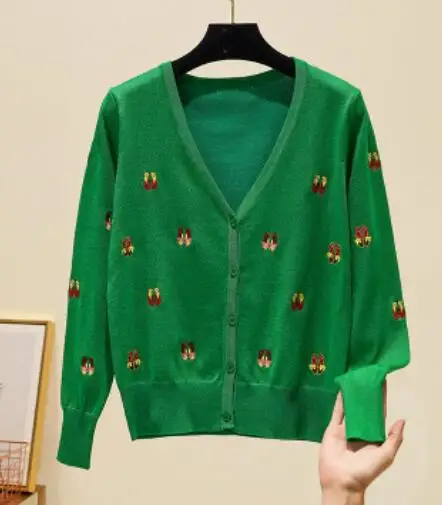 green Baharcelin, свитер с вышивкой в виде кота, куртка, женский кардиган, вязаный свитер, пальто, джемпер, вязаный крючком, Повседневный, v-образный вырез, женские кардиганы, топы - Цвет: green