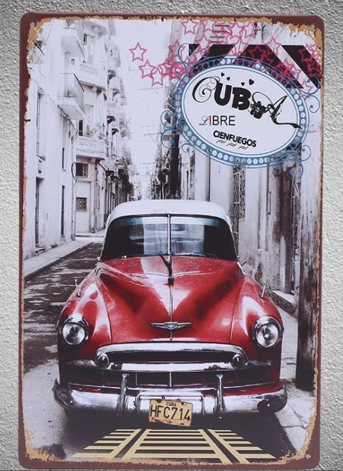 

1 pc Cuba Car USA impala red Antique Tin Plate Sign wall plaques Man cave vintage Dropshipping metal Poster