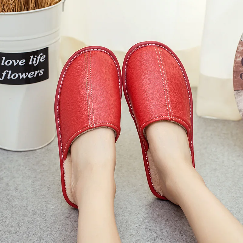 Winter Ladies Warm Non-Slip Slippers Couples Genuine Leather Thick Bottom Flat Shoes Women Home Men's |