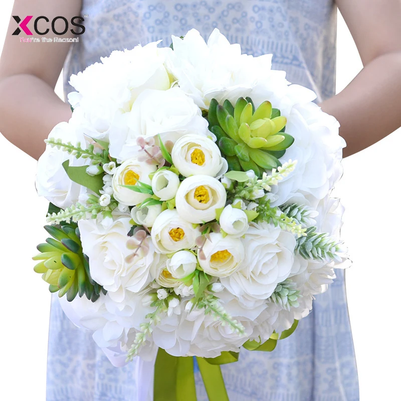 2018 Romantic White Wedding Flowers Bridal Bouquet Rose Succulents Lace Handle Artificial Bride Bouquets | Свадьбы и торжества