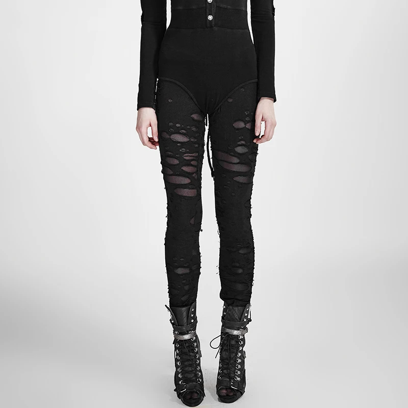 Gothic Women Broken Mesh Leggings Steam Punk Black And Red Women's Holes Ripped Leggings