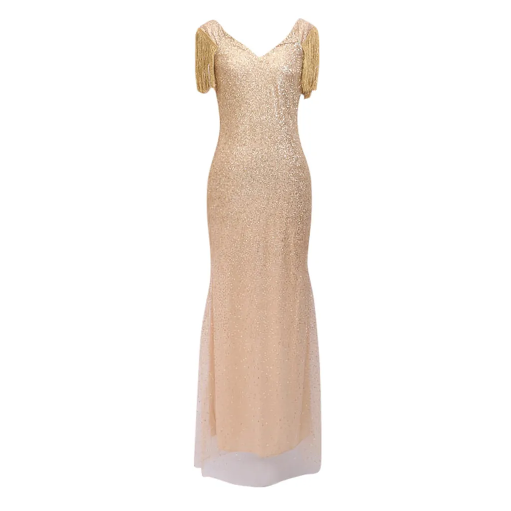 Женское длинное платье без рукавов Золотое с глубоким вырезом 2019|Женские платья|