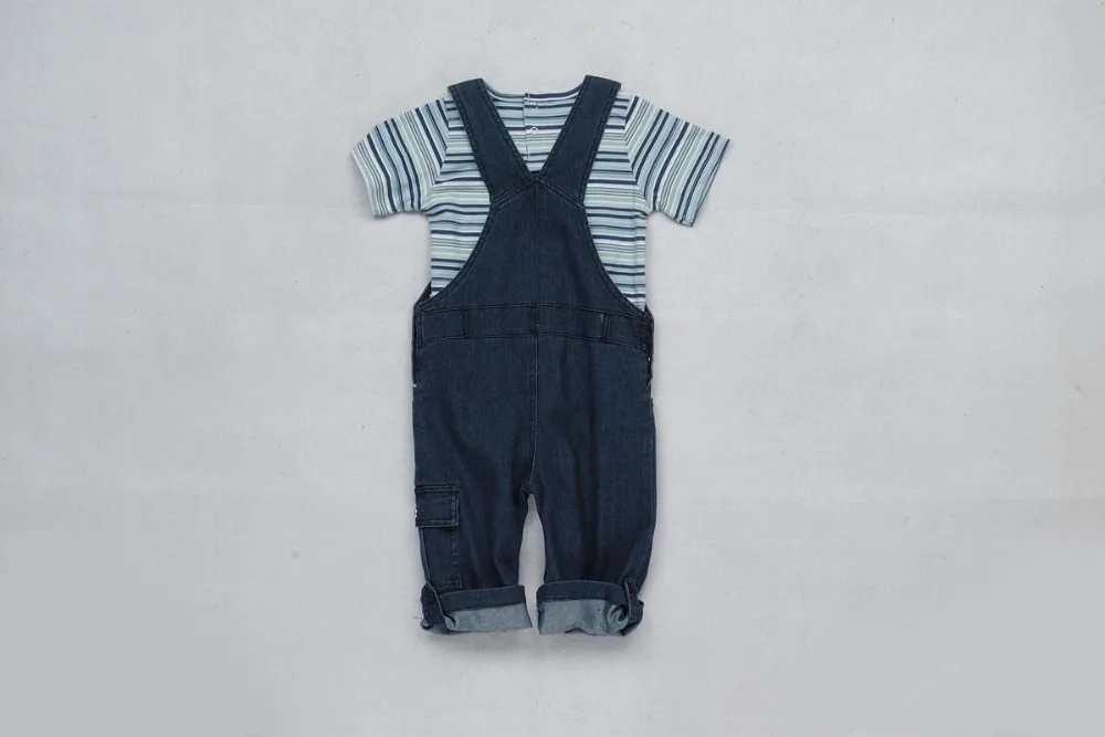 2pcs Denim Baby Clothing Set New Born Kids Overalls Boys Short Sleeve Striped Tops and Suspender Trousers Pant |
