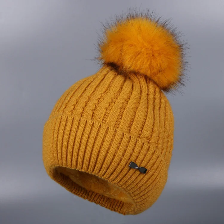 yellow Дизайн, женские зимние шапки с помпоном, кашемир шерстяная пряжа, вязанная полосатая теплая шапка с бантом - Цвет: yellow