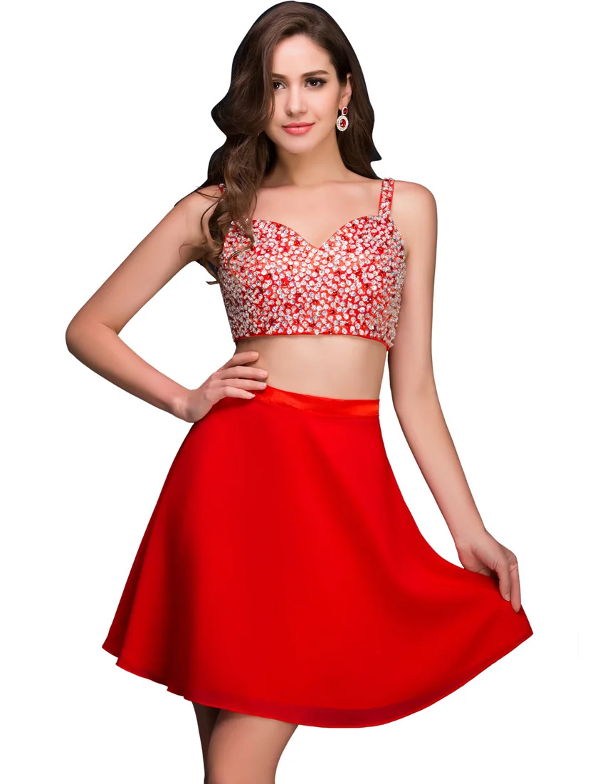 Grace Karin Sexy Two Piece Set Sequins Cocktail Dresses Red Chiffon Short Party Dress Beading Little Club CL008913 | Свадьбы и