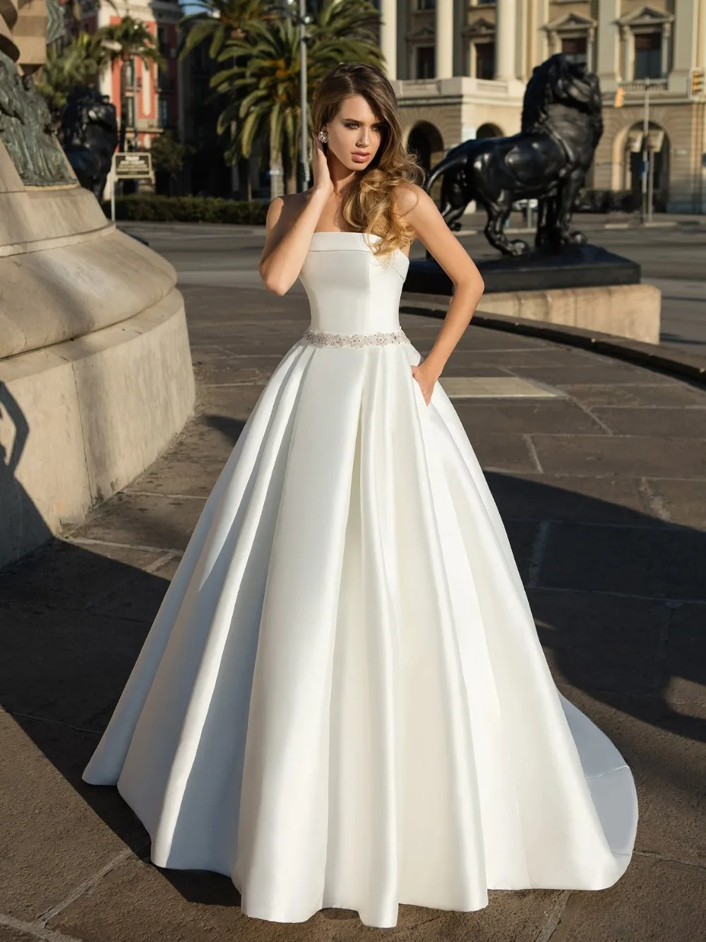 Без бретелек Линия 2017 Свадебное Платье с плеча атласная бисер платье свадебное