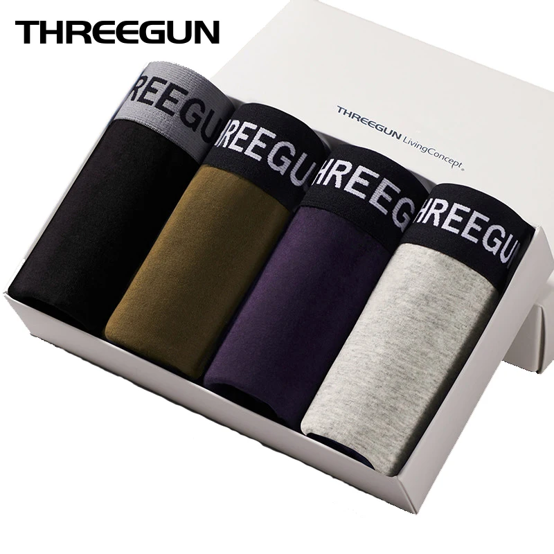 THREEGUN 4шт / Lot Boxer Шорты Сексуальные U Выпуклые нижнее белье Мужчины Хлопок Гей