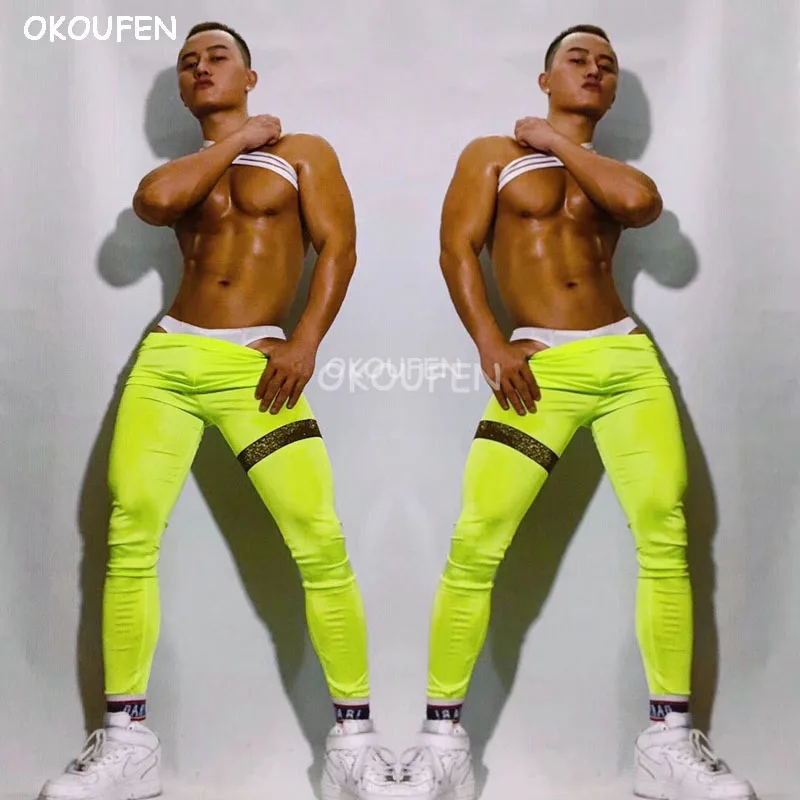 Fashion Sexy Men's fluorescent tights chest strap Costumes Nightclub bar singer dance team show stage performance clothing set |