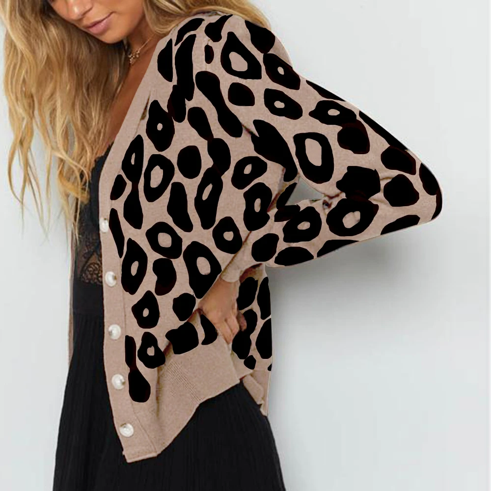 Leopard Button Cardigan Women Winter Khaki Sweater Long Sleeve Knit Clothes V Neck Slim Jumper Chompas Para Mujer |