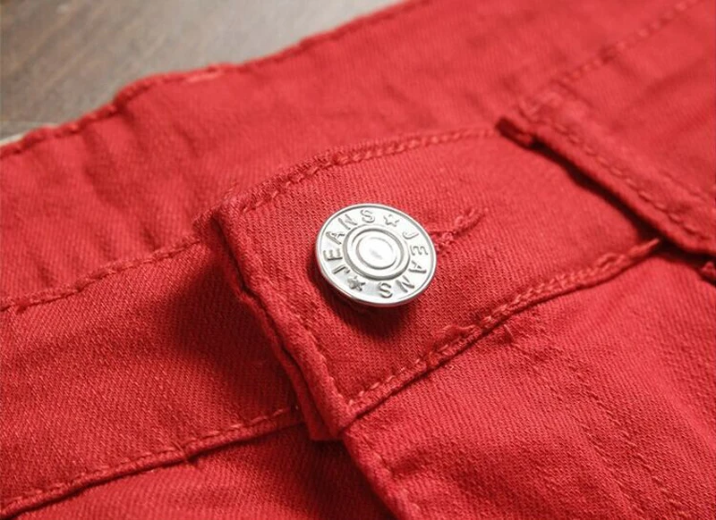 

Hirigin Red Jeans Fashion Men Ripped Jeans Pants Biker Classic Skinny Fake Zip Straight Denim Jeans Streetwear