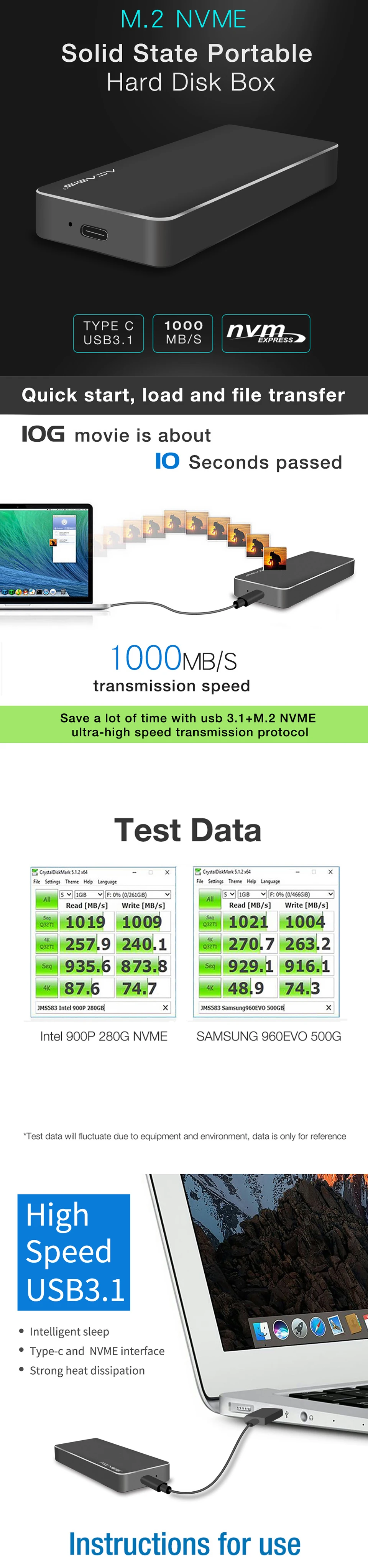 Корпус внешнего жесткого диска Acasis Hdd 2280 M.2 корпус SSD алюминиевый 1,8 'NVME Pcie USB 3,1 твердотельный корпус Hdd шкатулка#35