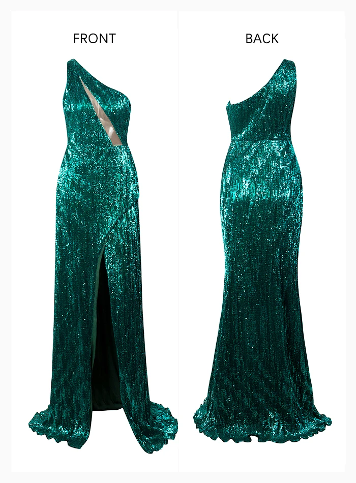 LOVE&LEMONADE Sexy One Shoulder Cut Out Green Cross Split Sequin Bodycon Maxi Dress LM81952 Autumn/Winter