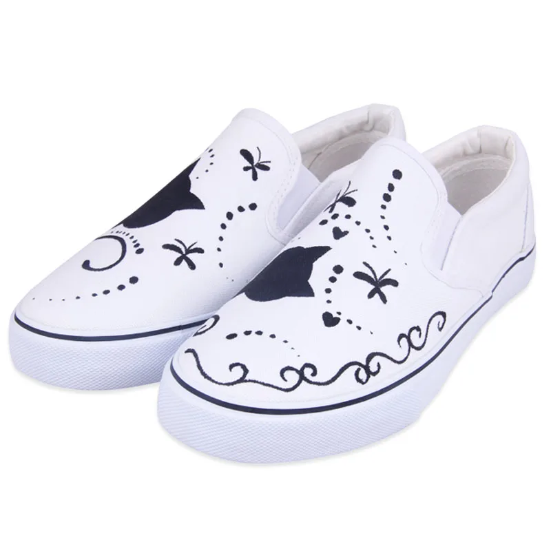 Удобная женская обувь сезон осень парусиновая с ручной росписью черного кота