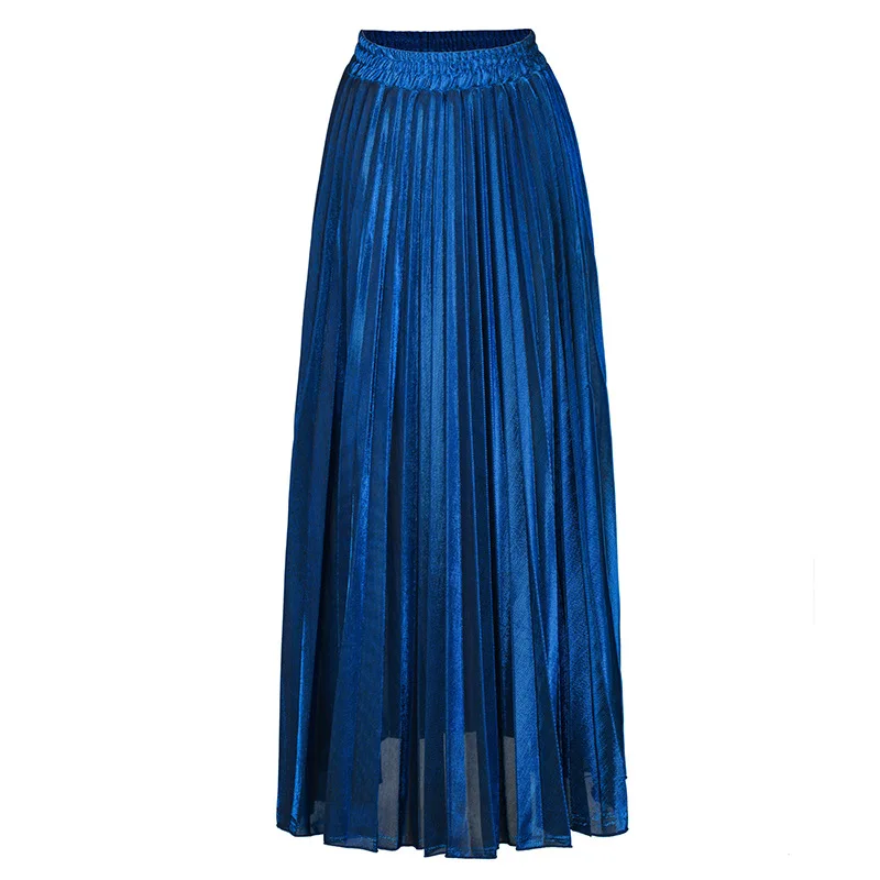 

SWYIVY 2019 Spring And Summer New Female Pleated A-Line Skirt Solid Color Casual High Waist Ankle-Length Beach Skirt