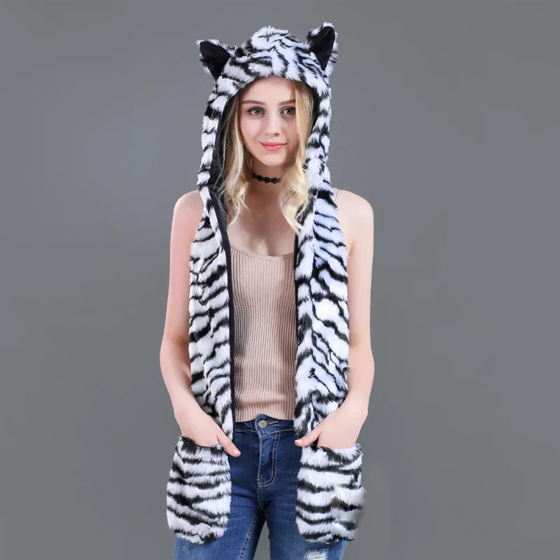 Пушистый для женщин Мода Зима Весна мультфильм животных искусственный мех волк кошка уха шапка шапочки с варежки Прихватки для мангала плюш