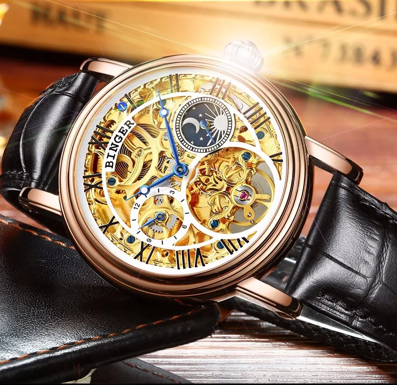 Модные мужские деловые Модные полые часы Moon Phase с кожаным ремешком, Мужские автоматические механические часы со скелетом, водонепроницаемые