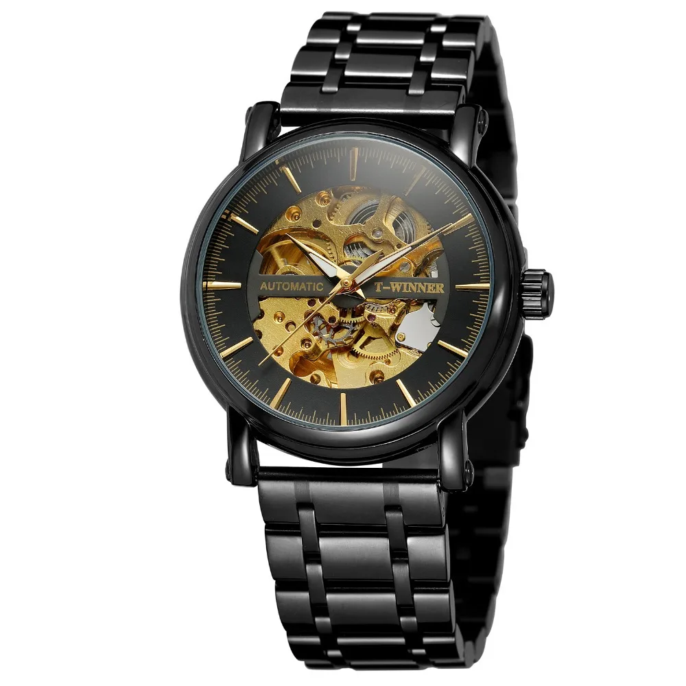 

Transparent Winner Top Brand Steampunk Montre Homme Black Retro Casual Mens Watches Luxury Full Steel Skeleton Mechanical Watch