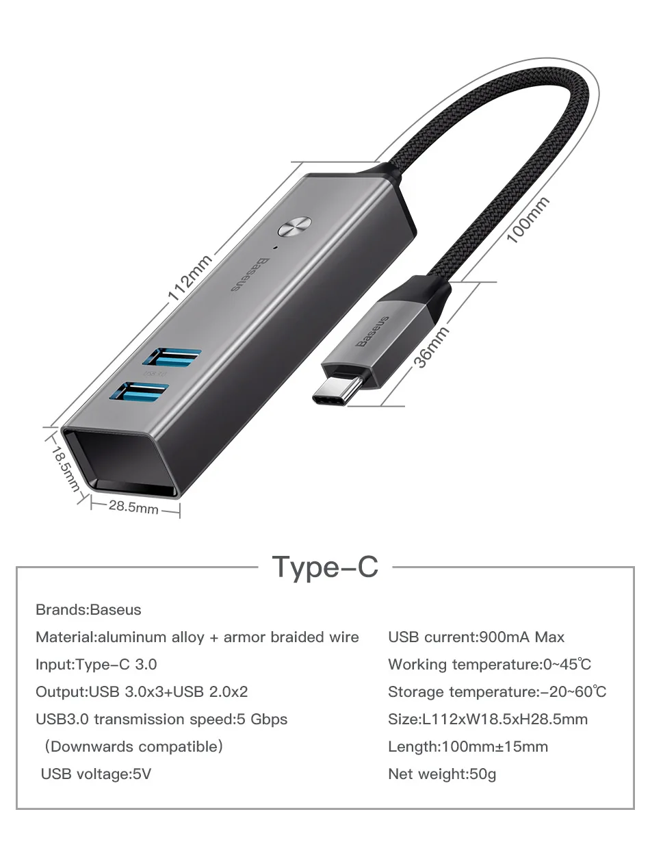 Baseus Мульти USB 3,0 2,0 USB C концентратор Тип C концентратор 5 Порты и разъёмы концентратор USB type C адаптер с индикатором светильник для Macbook Pro ноутбук компьютер