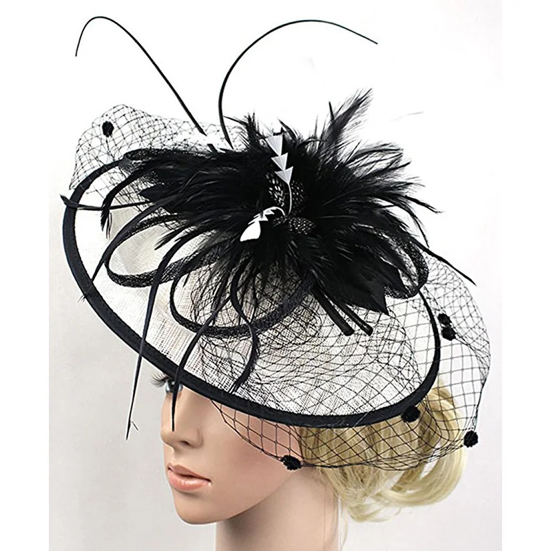 

Women White Black Sinamay Fascinators Headband Ladies Feather Floral Veil Derby Wedding Hats Cocktail Race Party Headpiece