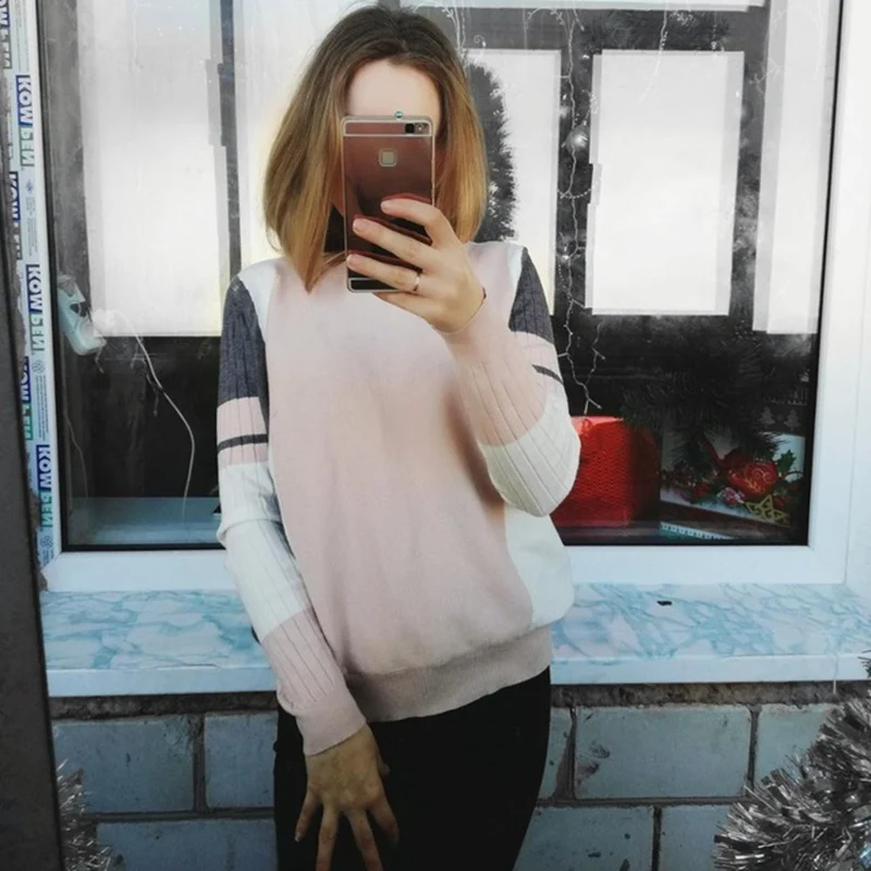 GIGOGOU Autumn Winter Sweater Women Contrast Color Pullover Jumper Long Sleeve O-Neck Knitted Tops Outwear Pull Femme | Женская одежда