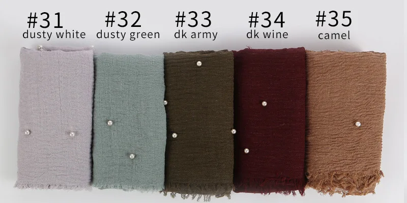 Мусульманский женский однотонный шарф-хиджаб, Женский хлопковый шарф с жемчужинами, качественный головной убор, зимние мягкие плиссированные шали 180x95 см, 55 цветов