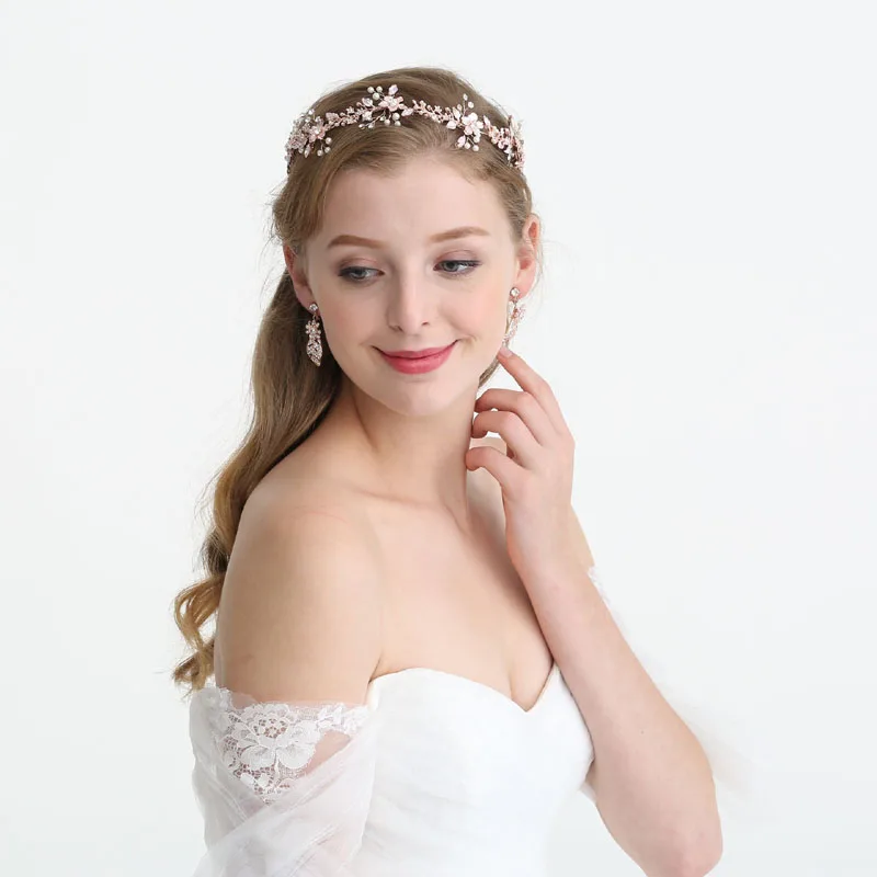 

SLBRIDAL Rose Gold Crystal Rhinestones Pearls Floral Wedding Hair accessories Hairband Bridal Headband Bridesmaids Jewelry Women