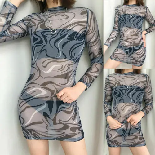 Womens Lace Mesh Dress Sheer Bodycon Pencil Evening Clubwear Party Mini NEW | Женская одежда