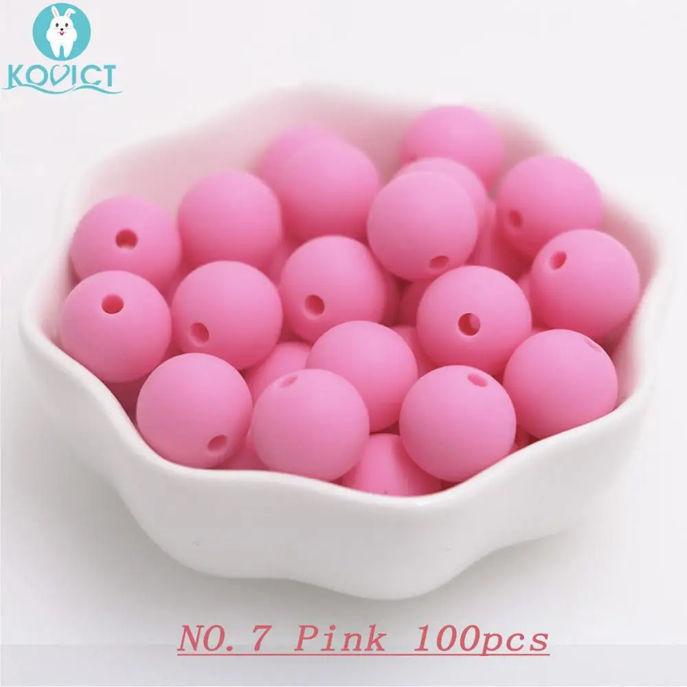 NO.7 Pink Kovict 100/200/500/1000 шт. Силиконовые Круглые бусины 12 мм, Фурнитура для бижутерии, соски с цепочкой, подарок для новорожденных Круглый Силиконовый Прорезыватель для зубов из бусин для Цепочки и ожерелья - Цвет: NO.7 Pink