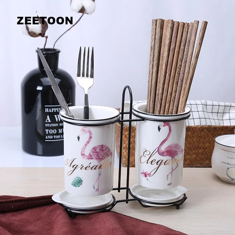 

Nordic Style Chopsticks Holder Hand Painted Flamingos Pattern Ceramic Tableware Home Tools Kitchen Spoon Fork Storage Cylinder