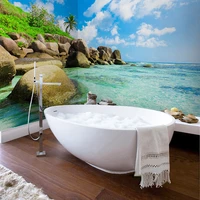 custom self adhesive bathroom mural kitchen waterproof 3d wall paper sticker blue sky seawater landscape backdrop 3d home decor