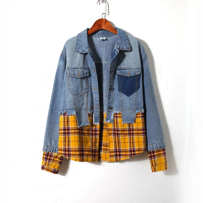 Женская джинсовая куртка PERHAPS U синяя свободная желтая клетчатая лоскутная в