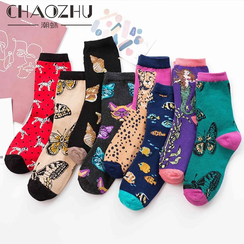 

CHAOZHU new casual women socks combed cotton high quality Animals socks lady street cute cartoon butterfly cats patterns