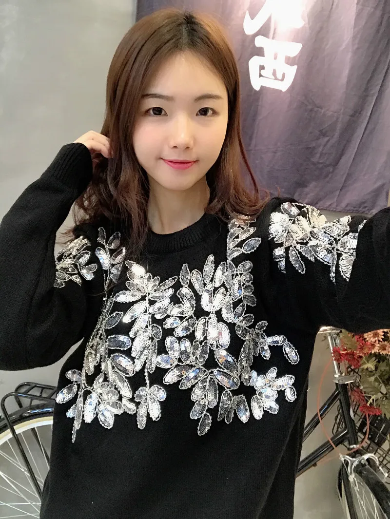 Женский вязаный Топ с бусинами Cakucool блестящий джемпер длинным рукавом и круглым