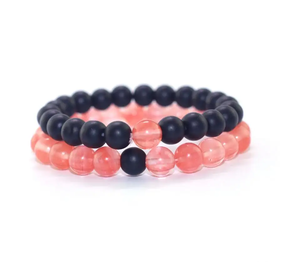 Модный черный и розовый браслет с бусинами из натурального камня черная Лавовая